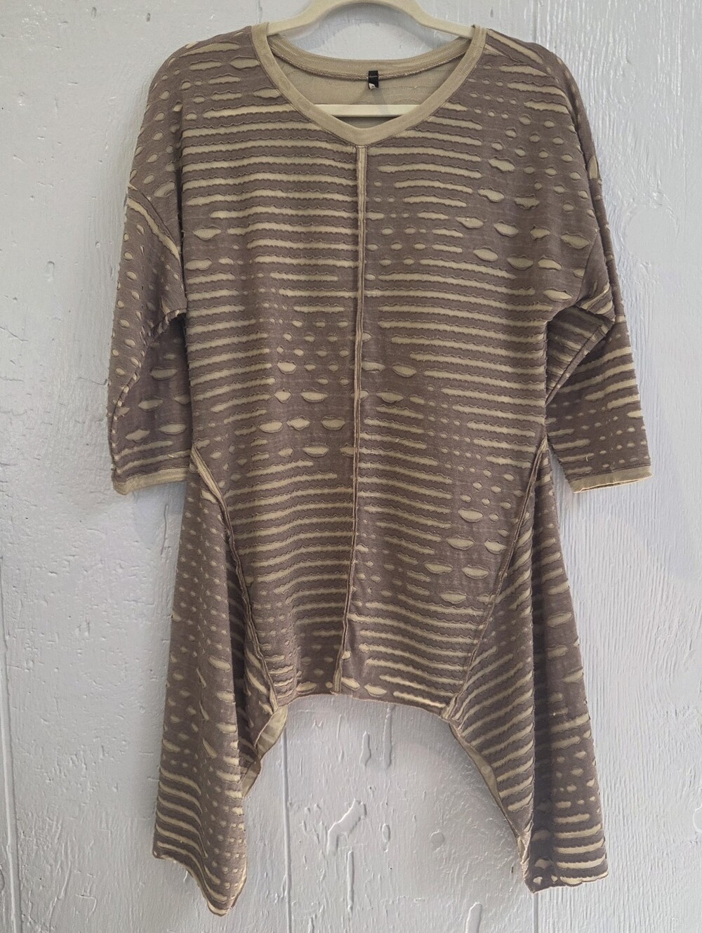 Assymetric Cut out Taupe Women's Distressed Stripe Tunic